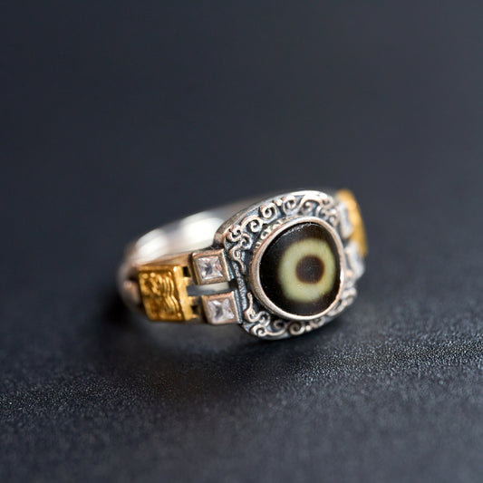 Dzi Bead Tibetan Silver Ring