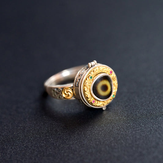 Tibetan silver carved dzi bead ring