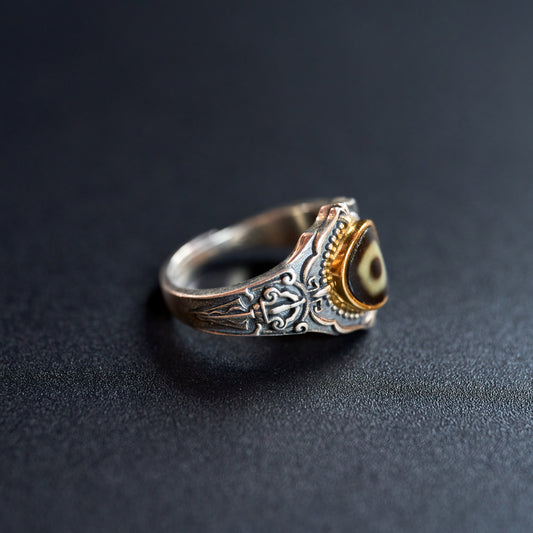 Tibetan silver inlaid dzi bead ring