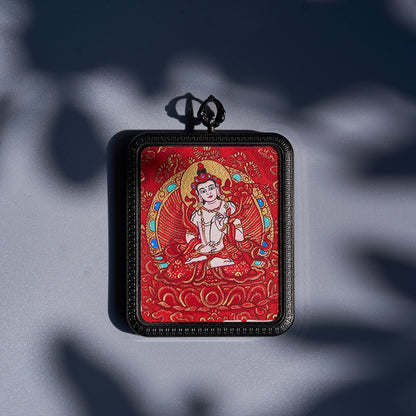 Yellow Jambhala & Mahasthamaprapta Red Thangka | Abundant Merit and Wisdom Without Fear