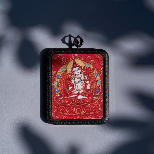 Yellow Jambhala & Mahasthamaprapta Red Thangka | Abundant Merit and Wisdom Without Fear